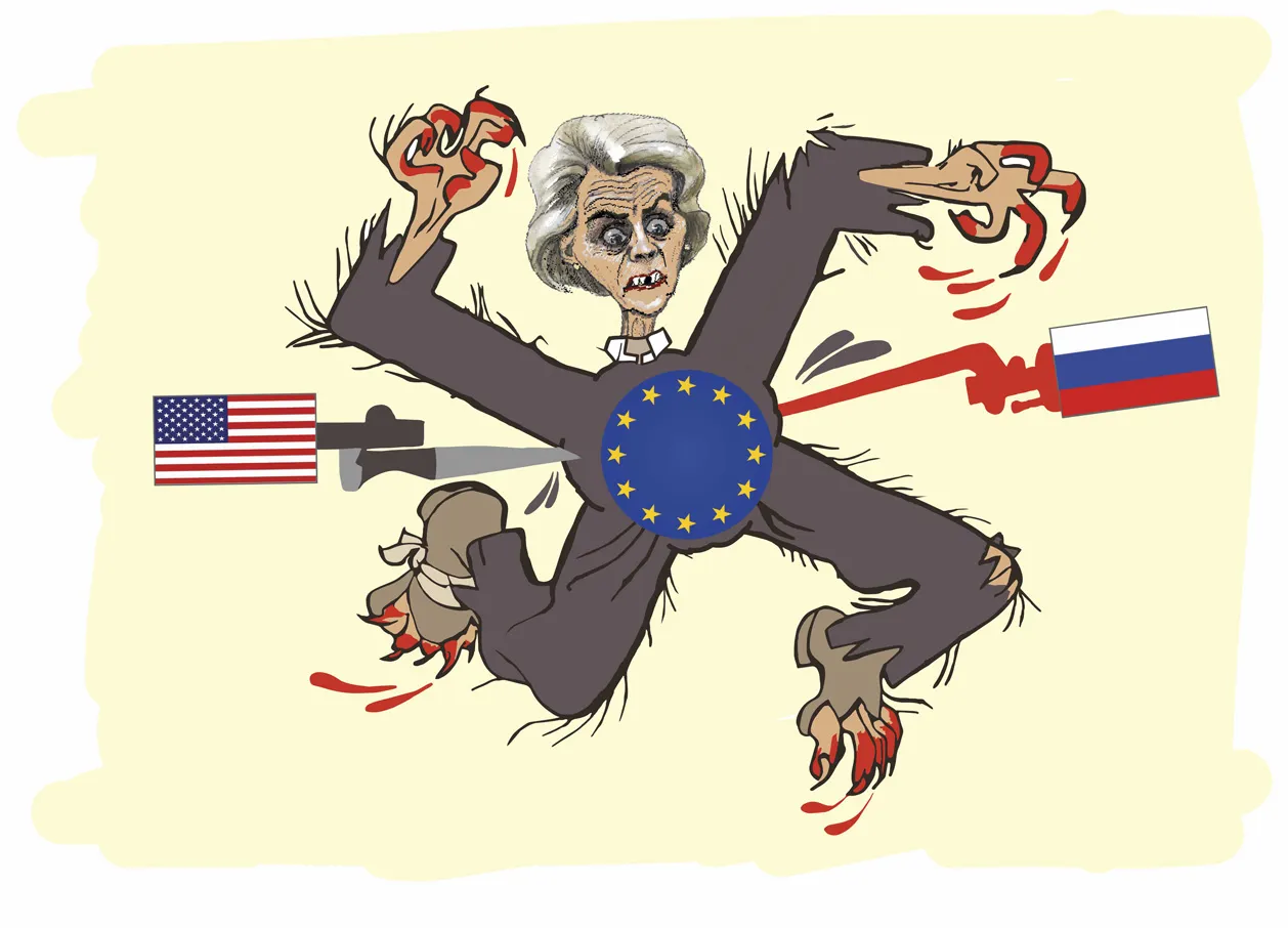 Bayonets labeled with the U.S. and Russian flags stab a hairy monster with a Swastika-shaped body, Ursula von der Leyen's face, and bloody claws.